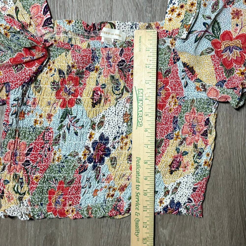 Monteau Los Angeles XL Smocked Milkmaid Crop Top Floral Patchwork Puff Sleeve - Picture 4 of 7